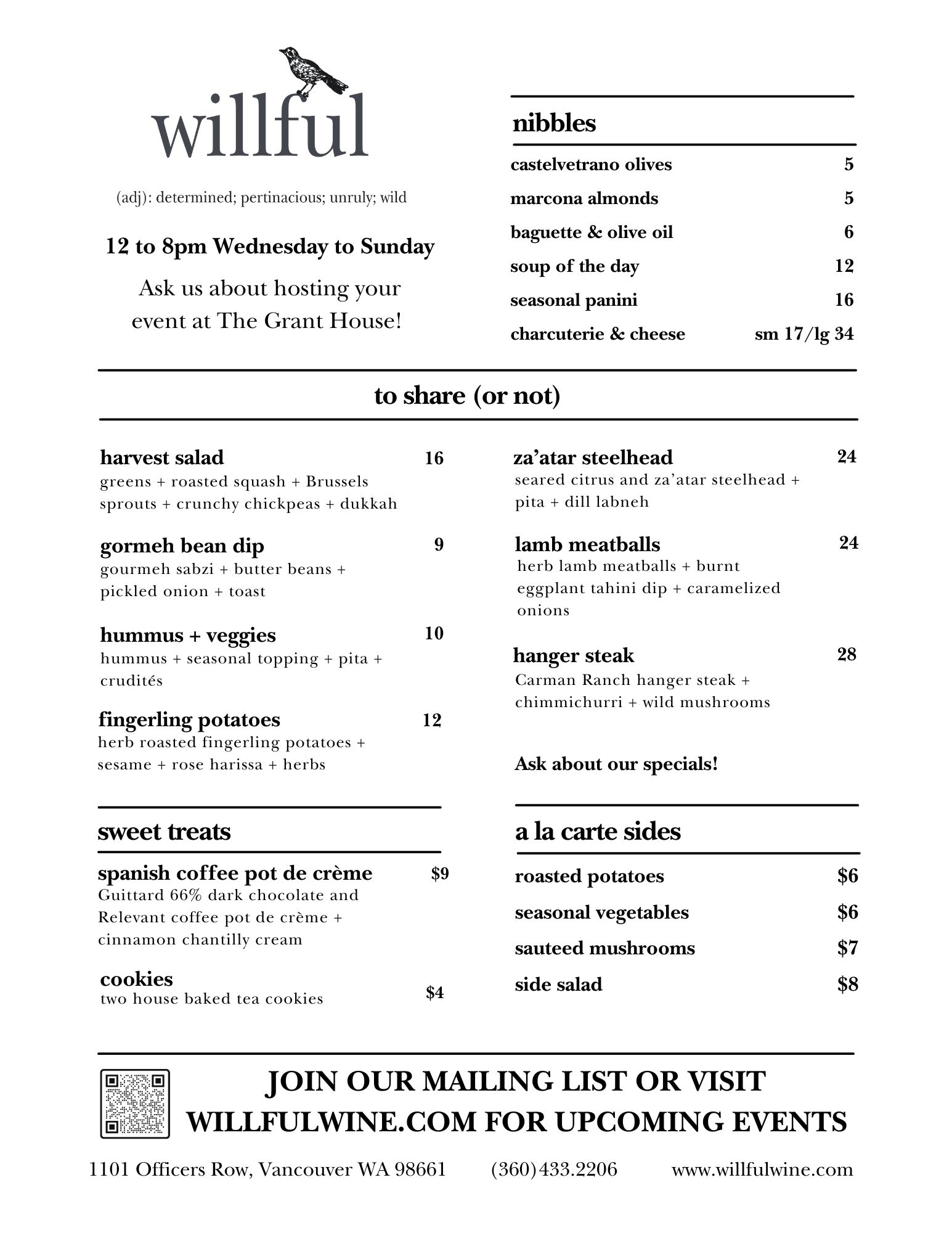 Willful Wine Co THE GRANT HOUSE GRANT HOUSE FOOD MENU